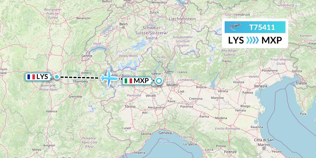 T75411 Twin Jet Flight Map: Lyon to Milan
