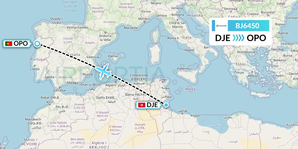 BJ6450 Nouvelair Tunisie Flight Map: Djerba to Porto