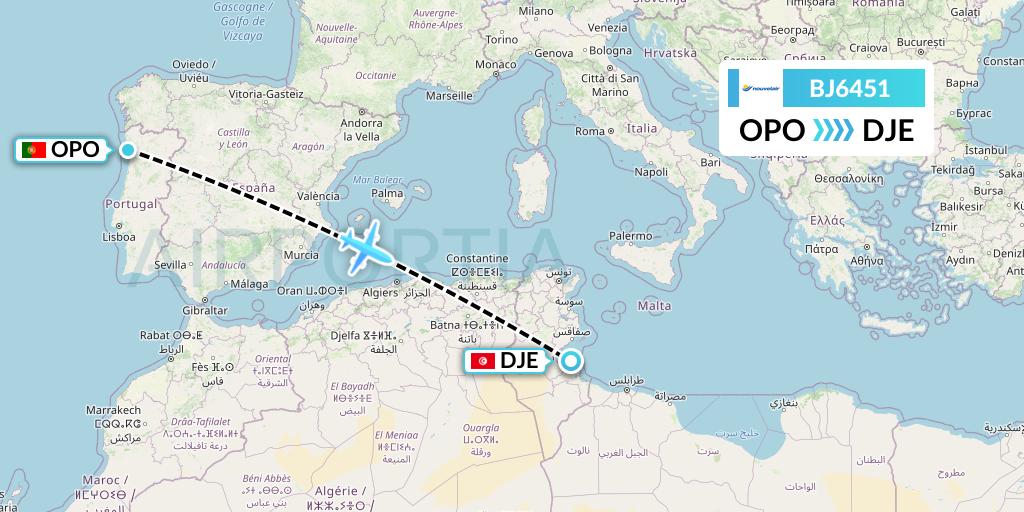 BJ6451 Nouvelair Tunisie Flight Map: Porto to Djerba