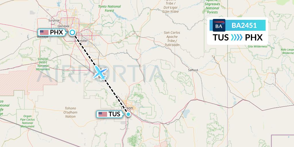 BA2451 British Airways Flight Map: Tucson to Phoenix