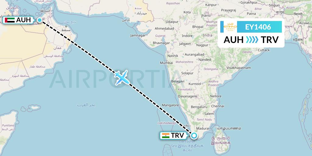 EY1406 Etihad Airways Flight Map: Abu Dhabi to Thiruvananthapuram