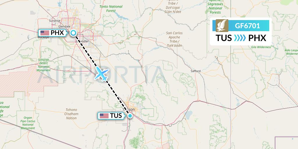 GF6701 Gulf Air Flight Map: Tucson to Phoenix