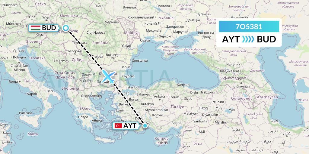 7O5381 Travel Service Hungary Flight Map: Antalya to Budapest