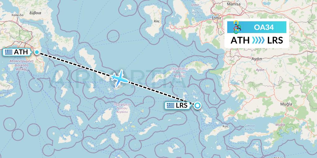 OA34 Olympic Air Flight Map: Athens to Leros