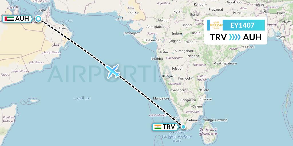 EY1407 Etihad Airways Flight Map: Thiruvananthapuram to Abu Dhabi