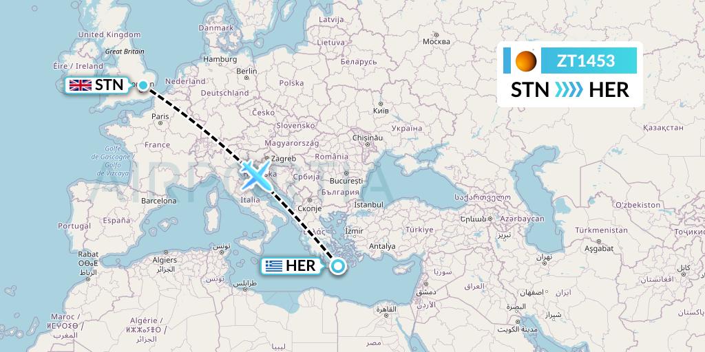 ZT1453 Titan Airways Flight Map: London to Heraklion