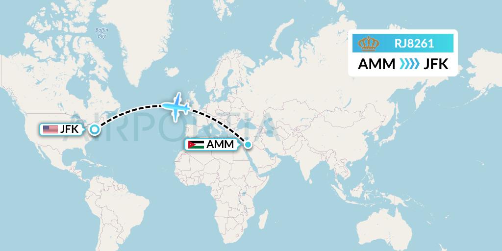 RJ8261 Royal Jordanian Flight Map: Amman to New York
