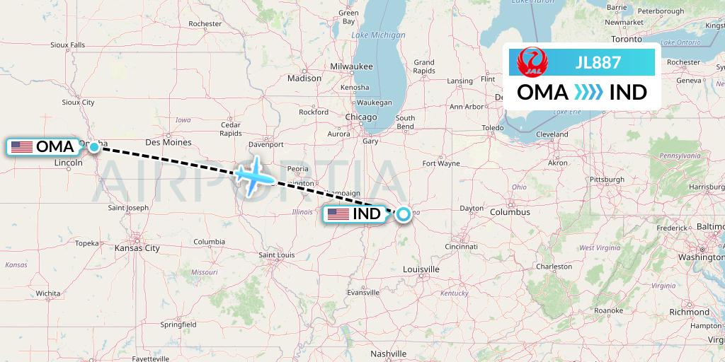 JL887 Japan Airlines Flight Map: Omaha to Indianapolis