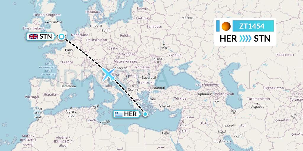 ZT1454 Titan Airways Flight Map: Heraklion to London