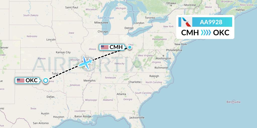 AA9928 American Airlines Flight Map: Columbus to Oklahoma City