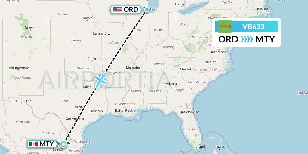 VB633 VivaAerobus Flight Map: Chicago to Monterrey