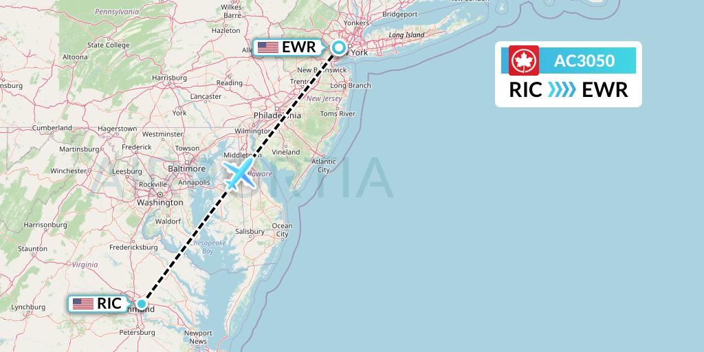 AC3050 Air Canada Flight Map: Richmond to New York