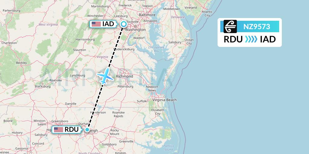 NZ9573 Air New Zealand Flight Map: Raleigh-Durham to Washington