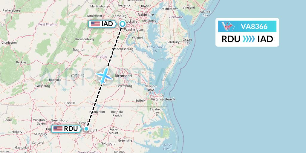 VA8366 Virgin Australia Flight Map: Raleigh-Durham to Washington