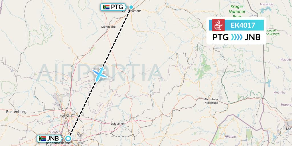 EK4017 Emirates Flight Map: Polokwane to Johannesburg