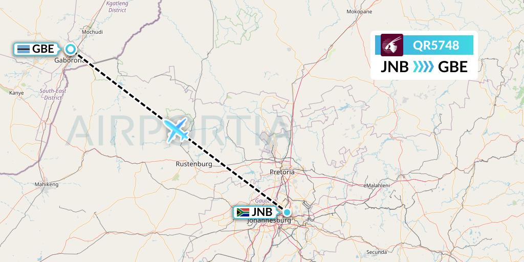 QR5748 Qatar Airways Flight Map: Johannesburg to Gaborone