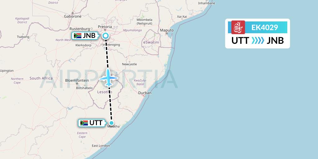 EK4029 Emirates Flight Map: Mthatha to Johannesburg