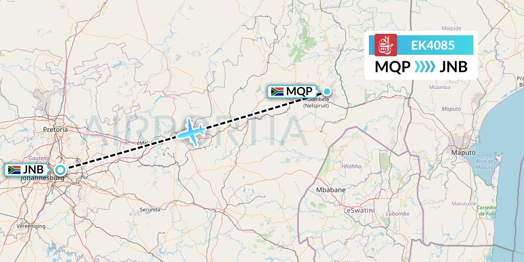 EK4085 Emirates Flight Map: Nelspruit to Johannesburg