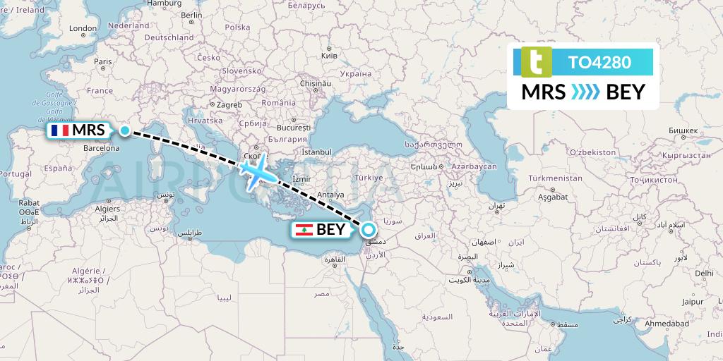 TO4280 Transavia France Flight Map: Marseille to Beirut