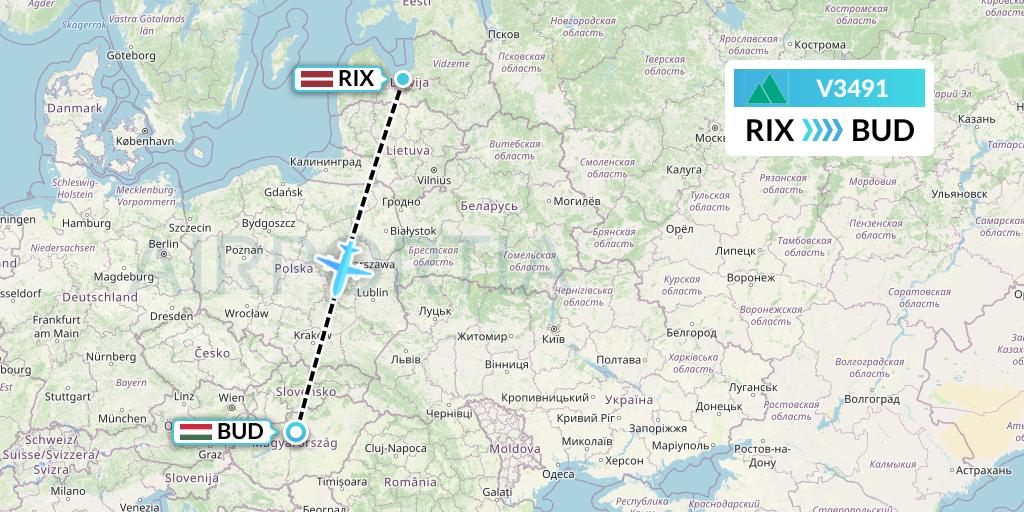V3491 Carpatair Flight Map: Riga to Budapest