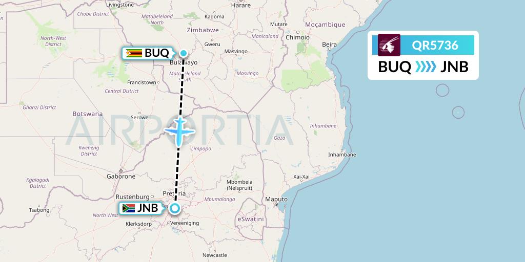 QR5736 Qatar Airways Flight Map: Bulawayo to Johannesburg