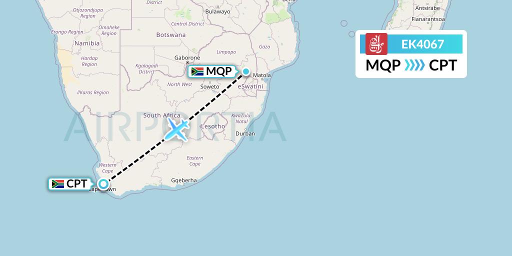 EK4067 Emirates Flight Map: Nelspruit to Cape Town
