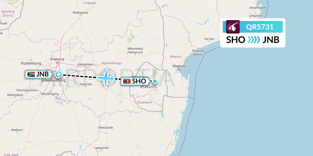 QR5731 Qatar Airways Flight Map: Manzini to Johannesburg