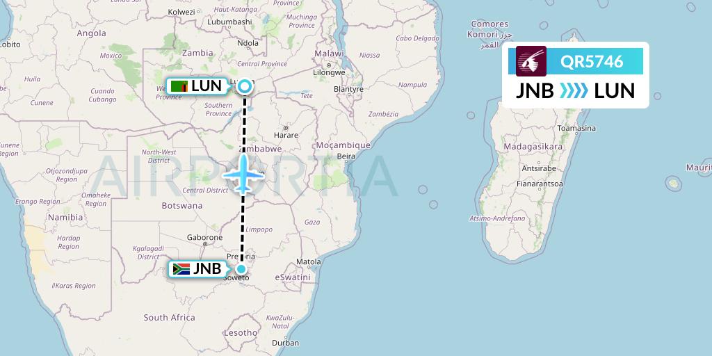 QR5746 Qatar Airways Flight Map: Johannesburg to Lusaka