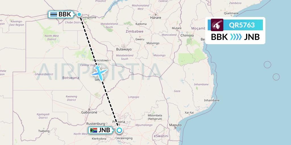 QR5763 Qatar Airways Flight Map: Kasane to Johannesburg