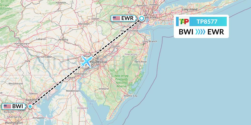 TP8577 TAP Portugal Flight Map: Baltimore to New York