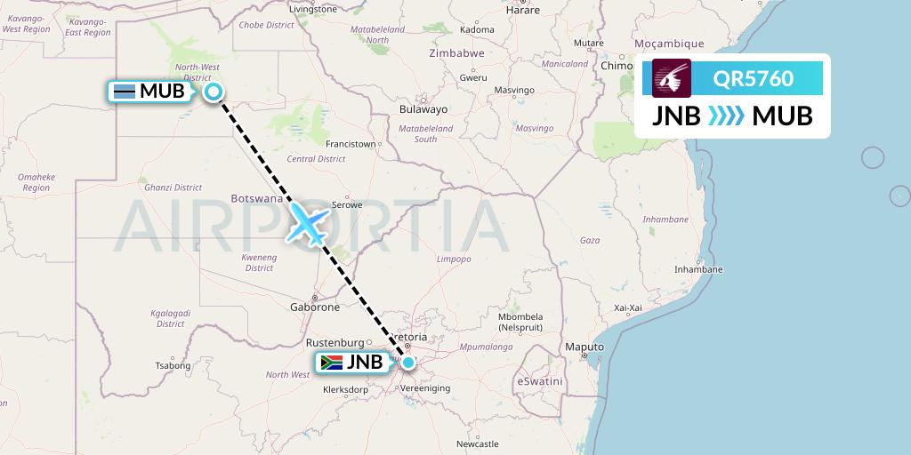 QR5760 Qatar Airways Flight Map: Johannesburg to Maun
