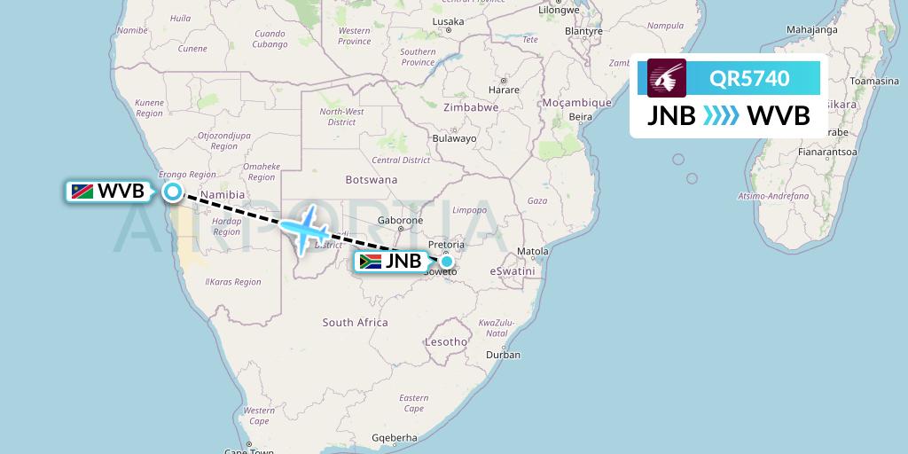 QR5740 Qatar Airways Flight Map: Johannesburg to Walvis Bay