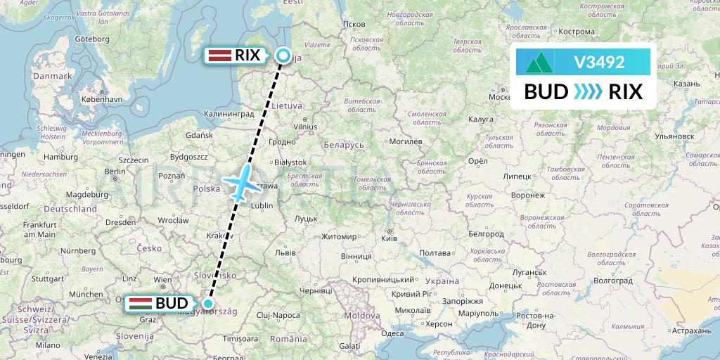 V3492 Carpatair Flight Map: Budapest to Riga