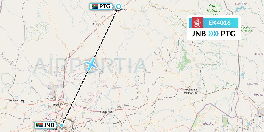 EK4016 Emirates Flight Map: Johannesburg to Polokwane
