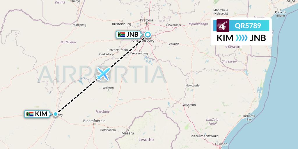 QR5789 Qatar Airways Flight Map: Kimberley to Johannesburg