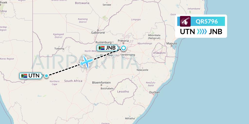 QR5796 Qatar Airways Flight Map: Upington to Johannesburg