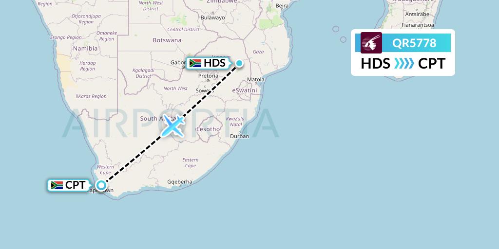 QR5778 Qatar Airways Flight Map: Hoedspruit to Cape Town