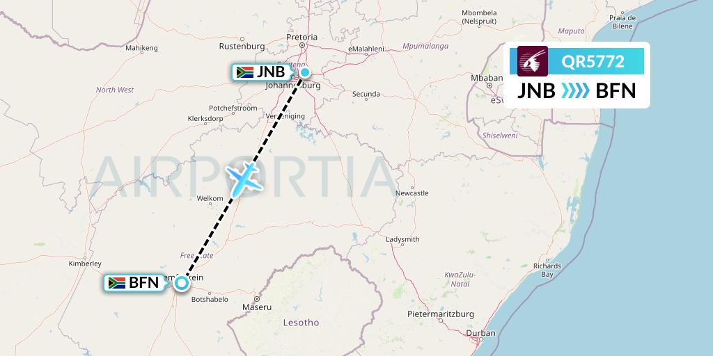 QR5772 Qatar Airways Flight Map: Johannesburg to Bloemfontein