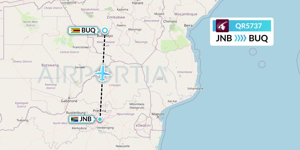 QR5737 Qatar Airways Flight Map: Johannesburg to Bulawayo