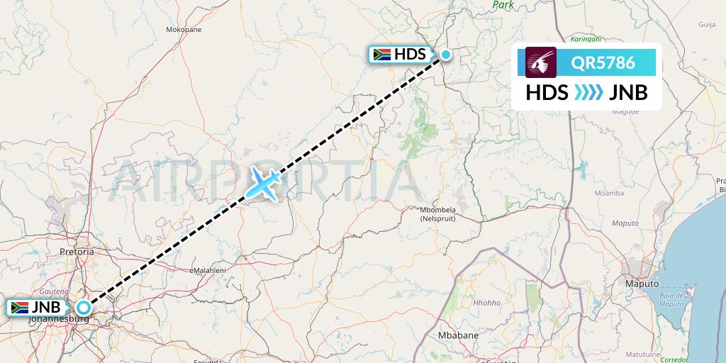 QR5786 Qatar Airways Flight Map: Hoedspruit to Johannesburg
