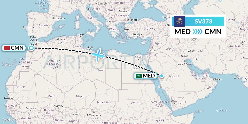 SV373 Saudi Arabian Airlines Flight Map: Medina to Casablanca
