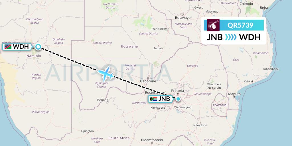 QR5739 Qatar Airways Flight Map: Johannesburg to Windhoek