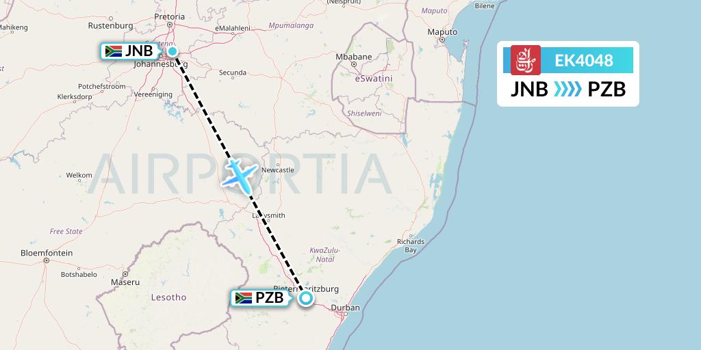 EK4048 Emirates Flight Map: Johannesburg to Pietermaritzburg