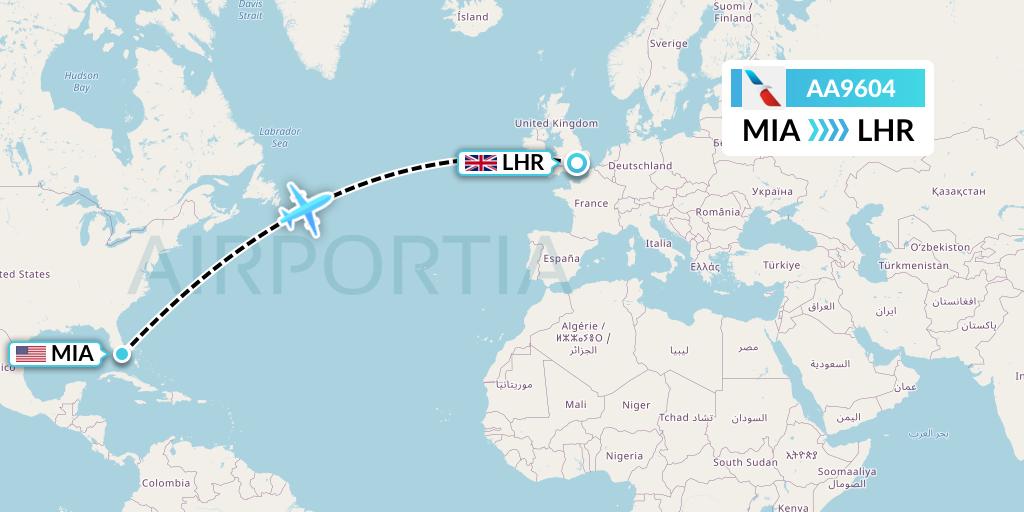 AA9604 American Airlines Flight Map: Miami to London