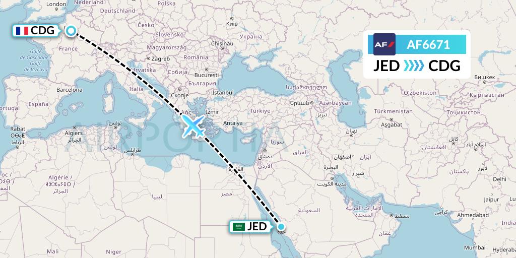 AF6671 Air France Flight Map: Jeddah to Paris
