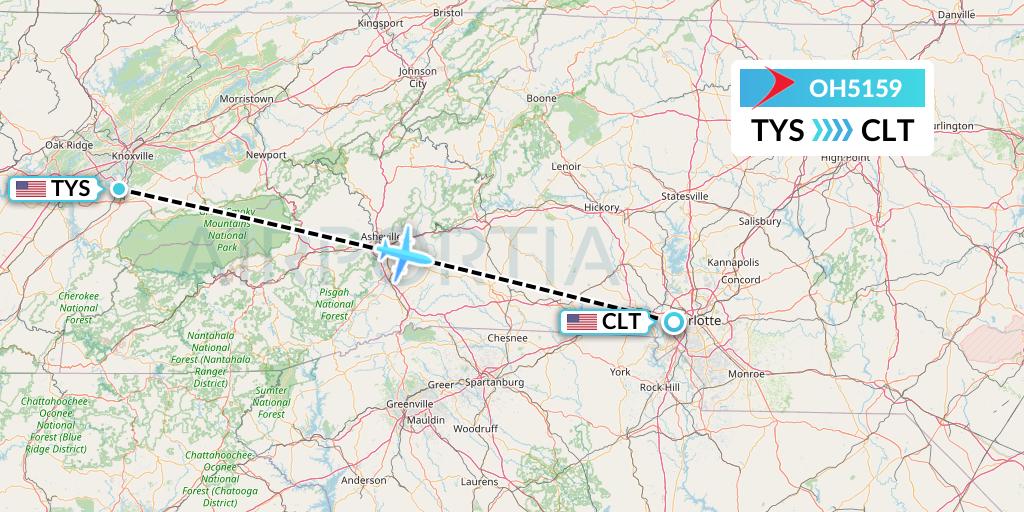 OH5159 PSA Airlines Flight Map: Knoxville to Charlotte