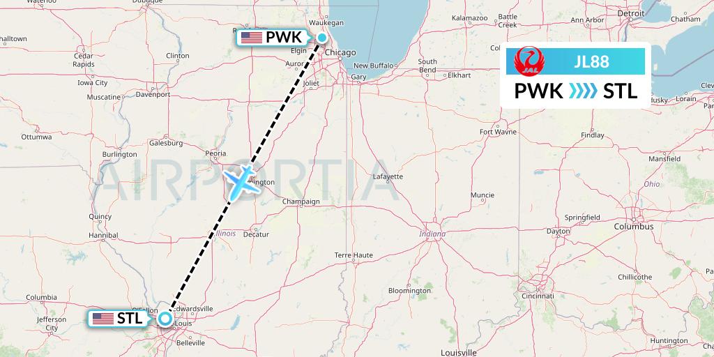 JL88 Japan Airlines Flight Map: Chicago to St. Louis