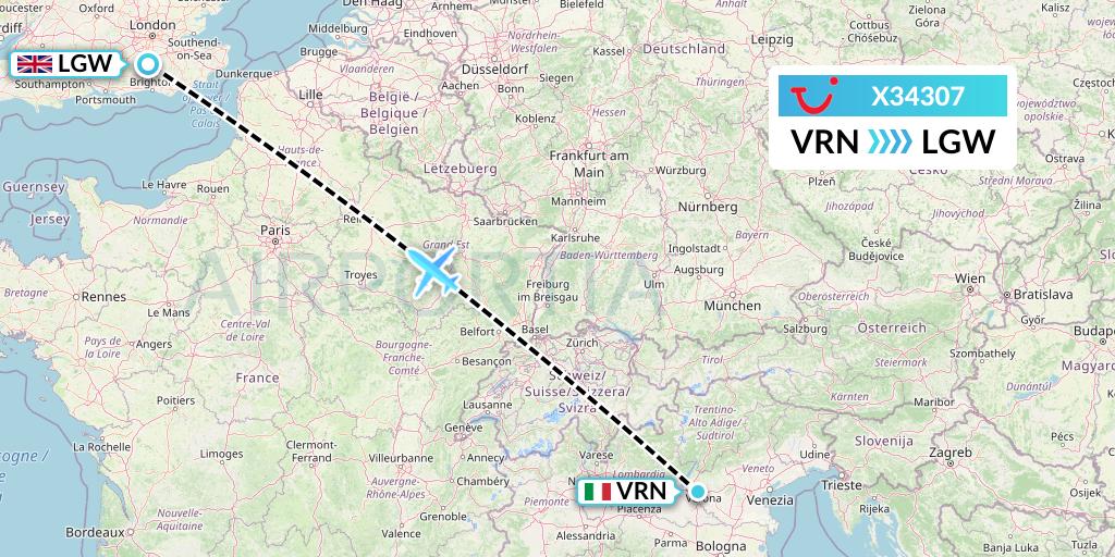X34307 TUI fly Germany Flight Map: Verona to London