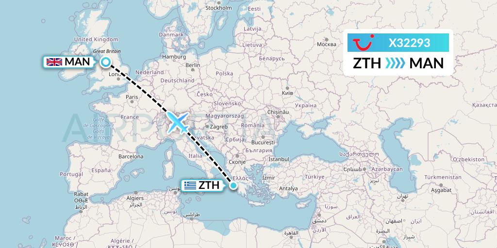 X32293 TUI fly Germany Flight Map: Zakynthos to Manchester