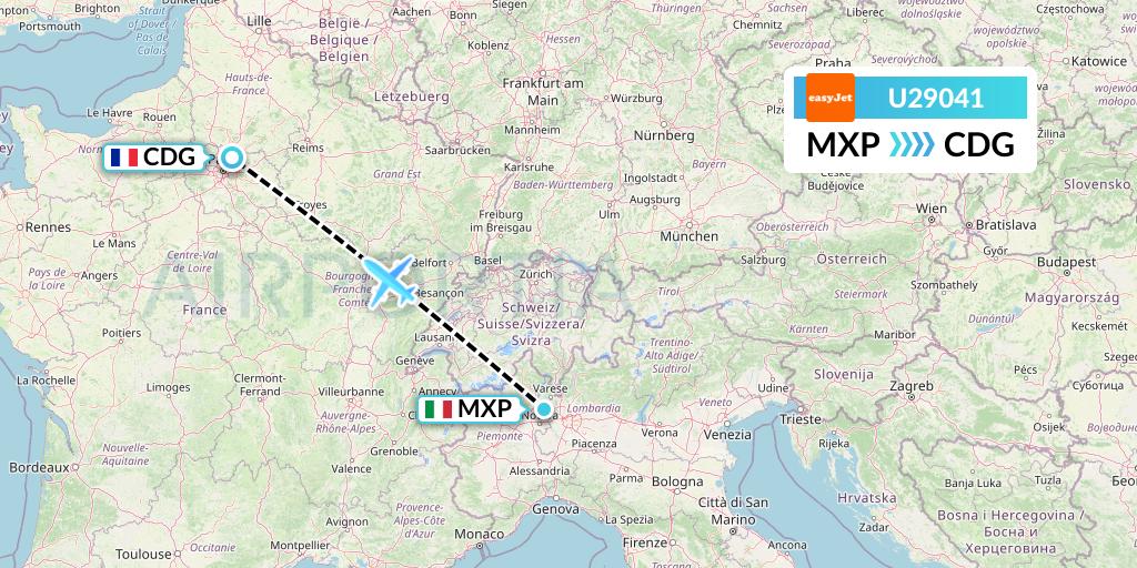 U29041 EasyJet Flight Map: Milan to Paris